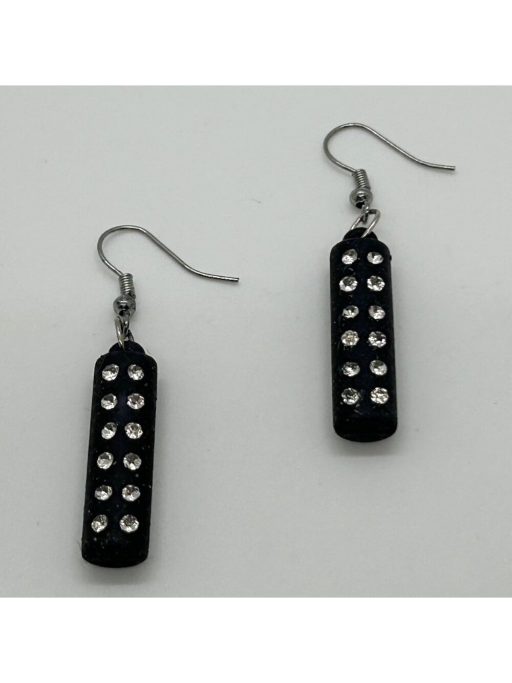 Modernist Black Bar Dangle Earrings Rhinestone Accents Geometric Drop Design